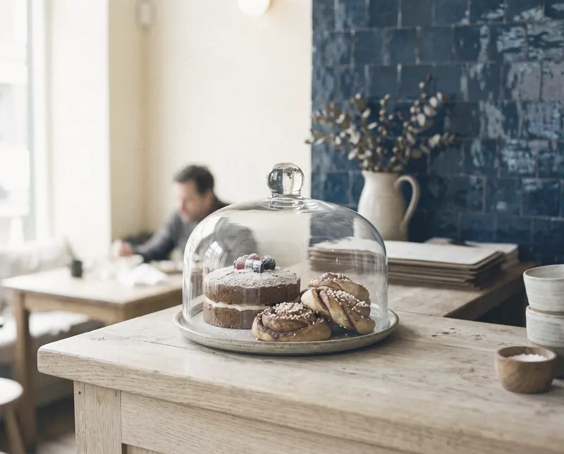 Cake and bakes under a glass dome on the counter