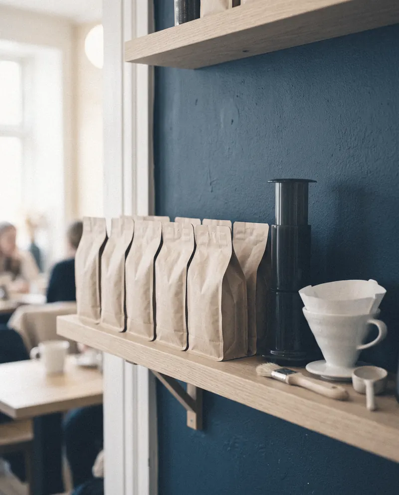 A shelf of retail beans, an Aeropress and a V60 dripper
