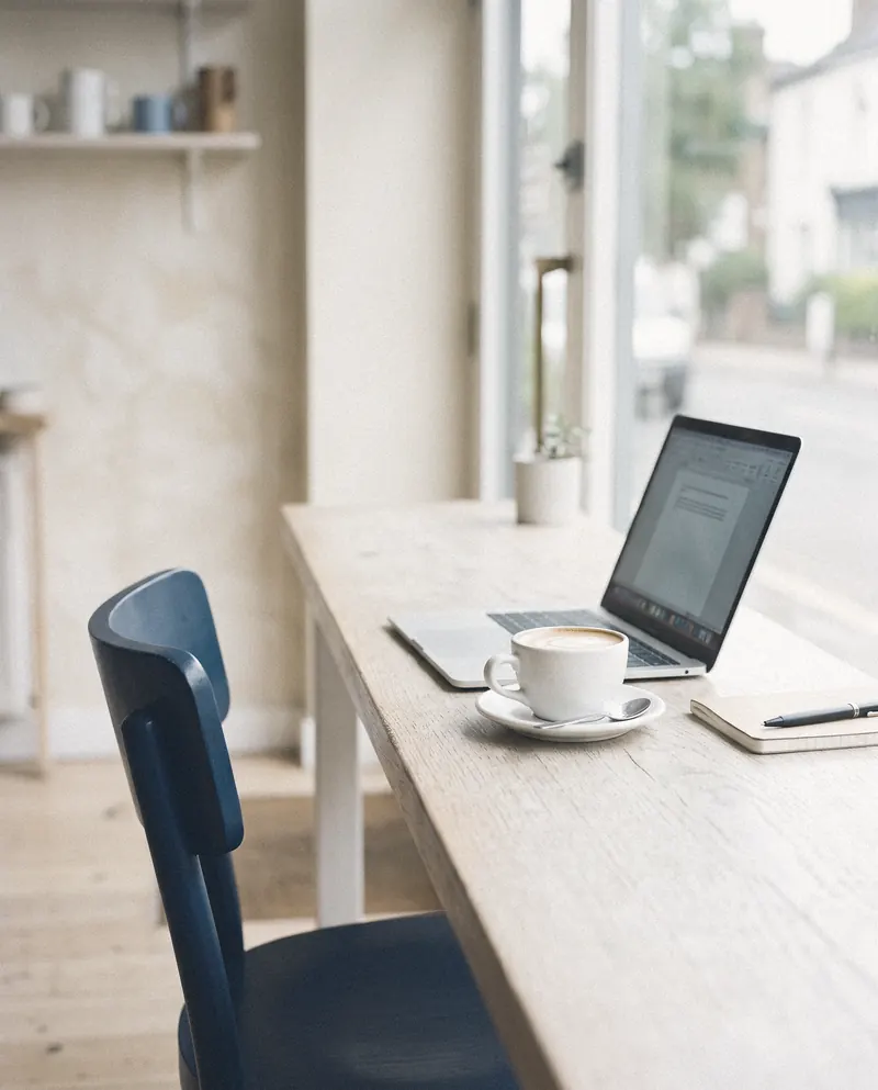 Daytime: a flat white and a laptop on the communal table by the window