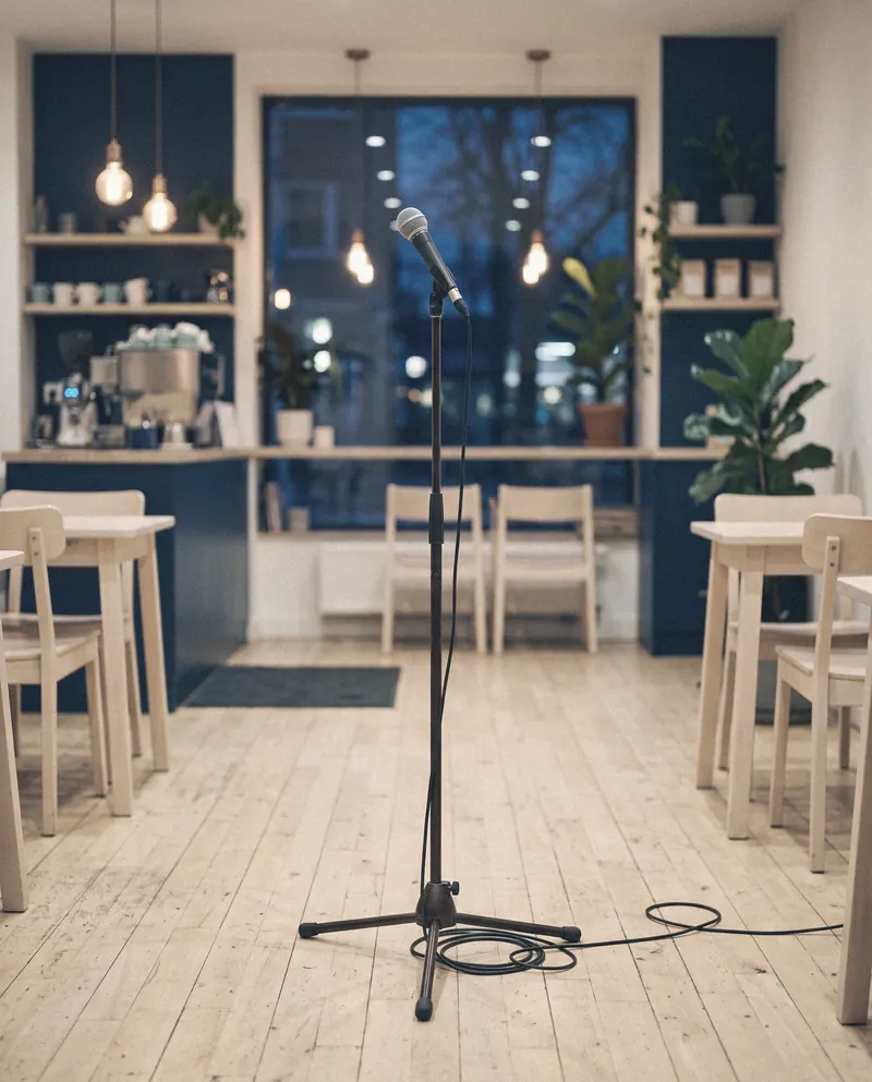 Night: a microphone stand in a pool of warm light after the tables have been moved