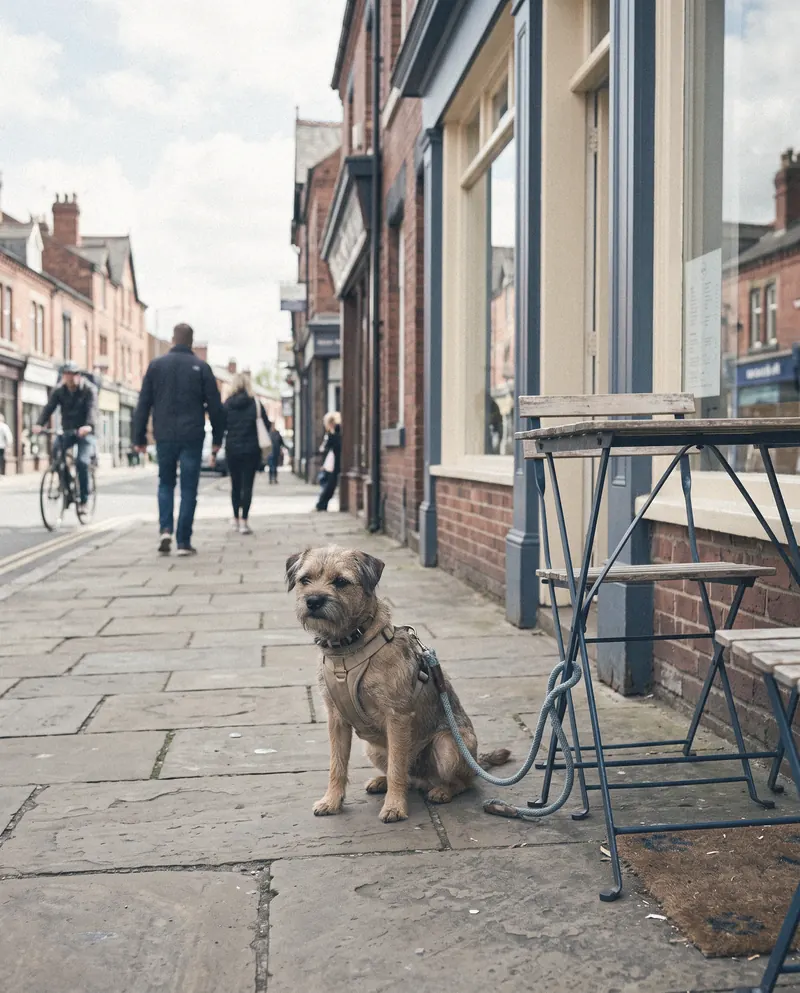 A dog waiting on the pavement outside